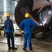 two people supervising a worker