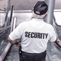 security gurard going down the escalator